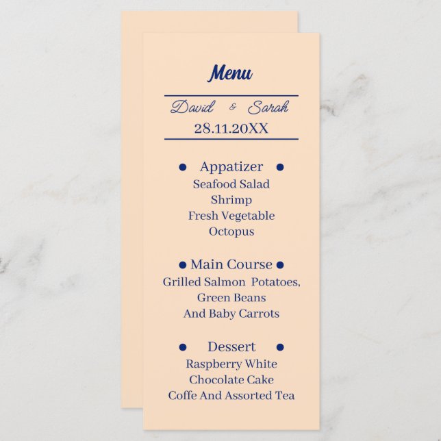 Simple Beige Personalised Wedding Dinner Menu (Front/Back)