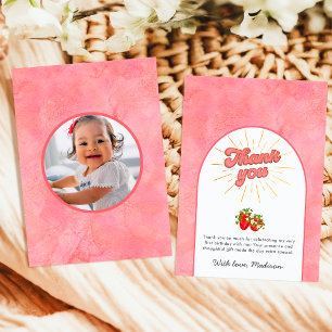 Simple Berry First Pink Birthday Photo Strawberry Thank You Card