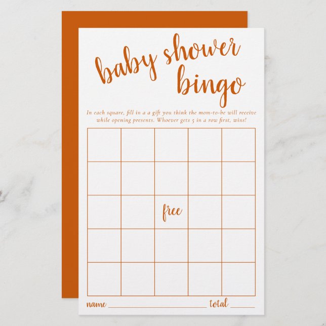 Simple Bingo Card | Fall Orange Baby Shower Game (Front/Back)
