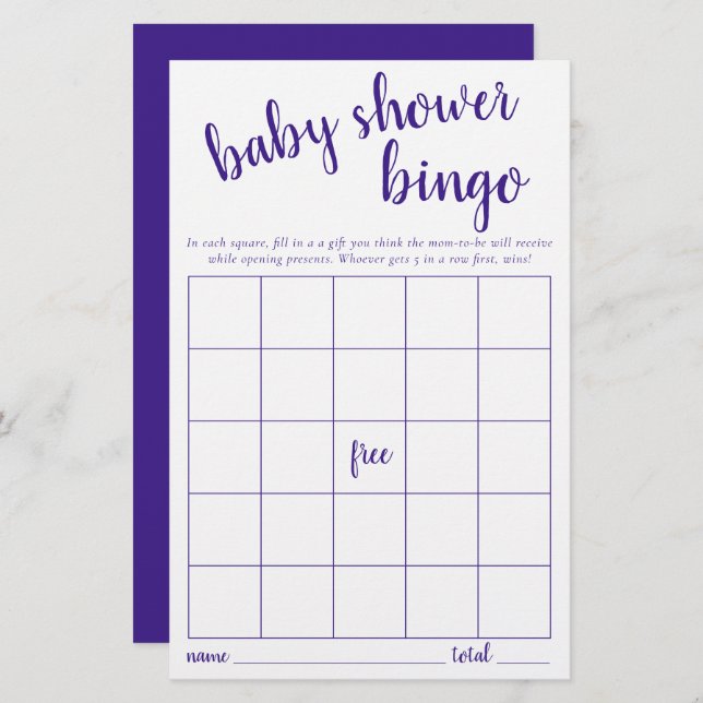 Simple Bingo Card | Purple Baby Shower Game (Front/Back)