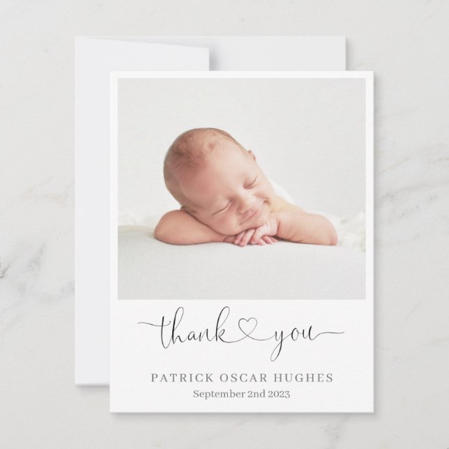 Simple birth announcement card, heart thank you (Front)