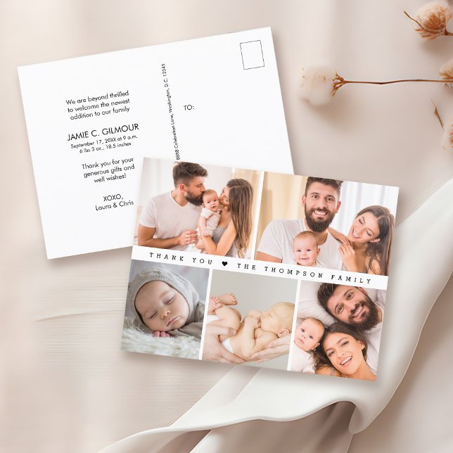Simple Birth Photo Collage Baby Shower thank you Postcard (Birth announcement, baby shower thank you photo collage postcard.)