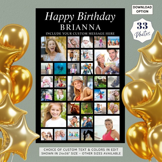 Simple Birthday 33 Photo Collage Custom Text Colou Poster (Creator Uploaded)