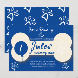 Simple Birthday Dog Bone Paw-ty Party Blue  Invitation