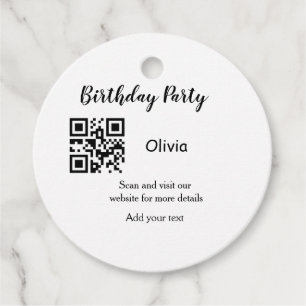 Simple birthday party website barcode QR add name Favour Tags