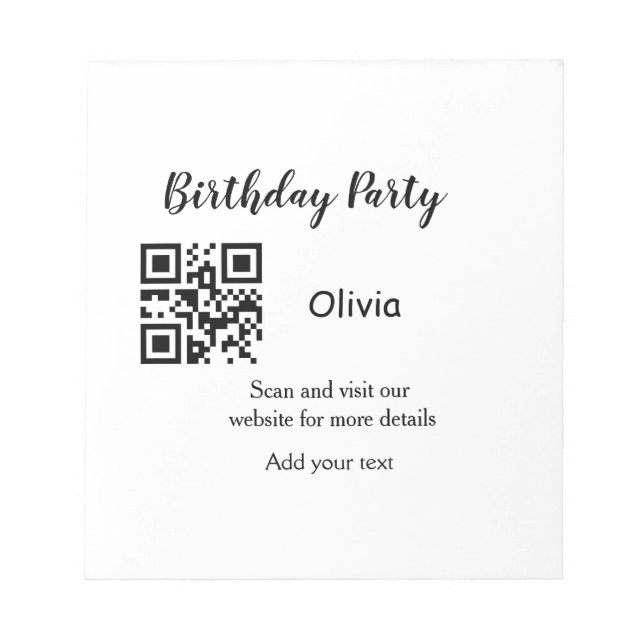 Simple birthday party website barcode QR add name  Notepad (Front)