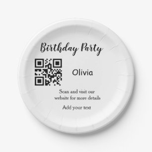 Simple birthday party website barcode QR add name  Paper Plate