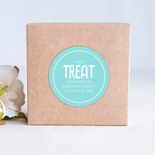 Simple Birthday Treat Favor Whimsical Script Teal Classic Round Sticker (Creator Uploaded)