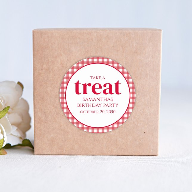 Simple Birthday Treat Favour Modern Red Gingham  Classic Round Sticker (Creator Uploaded)
