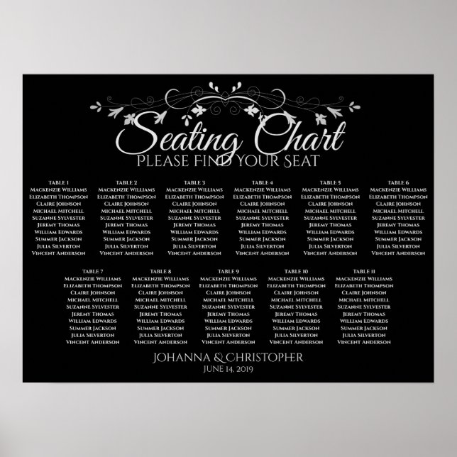 Simple Black 11 Table Wedding Seating Chart (Front)