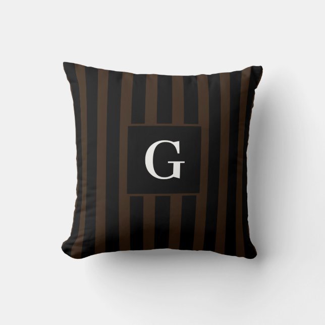 Simple black and Dark Brown Stripes Single Initial Cushion (Front)