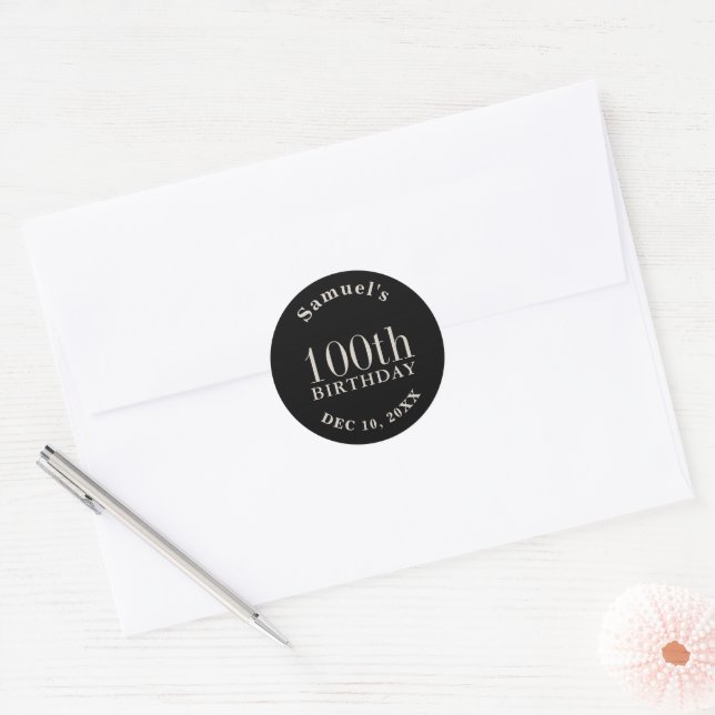 Simple Black and Ecru Beige 100th Birthday Favour Classic Round Sticker (Envelope)