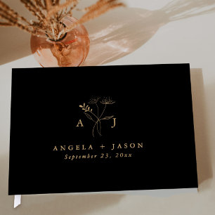 Simple Black and Gold   Botanical Monogram Wedding Guest Book