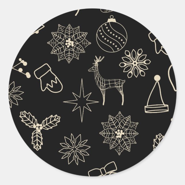 Simple Black and Gold Cute Christmas Pattern Classic Round Sticker (Front)