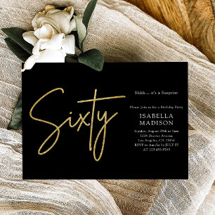 Simple Black and Gold Glitter 60th Birthday Invitation
