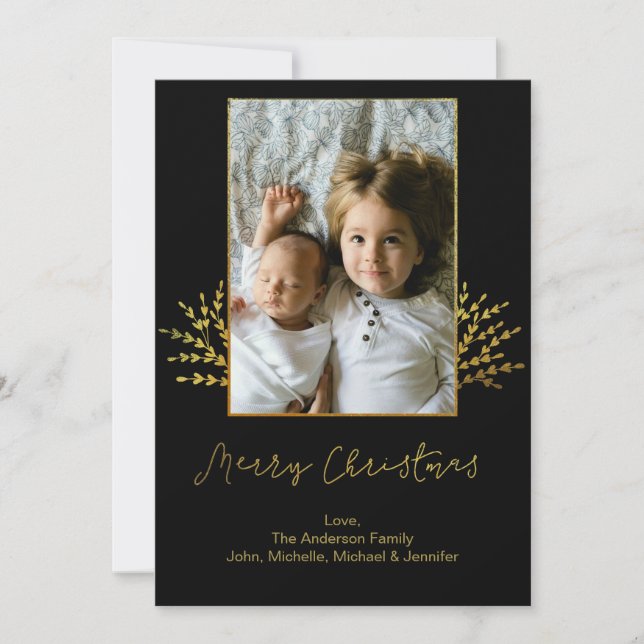 Simple Black and Gold Merry Christmas Photo Holiday Card (Front)