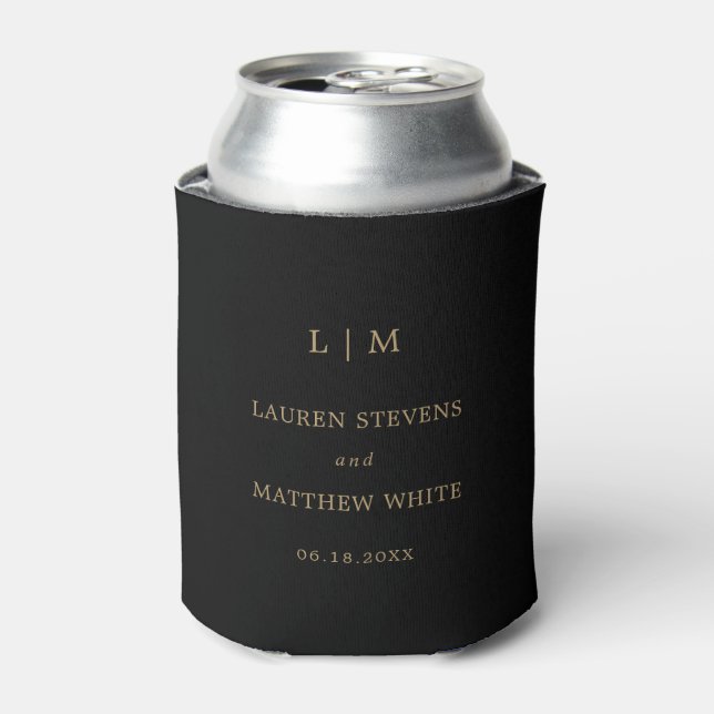 Simple Black and Gold Monogram Elegant Wedding Can Cooler (Can Front)
