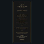 Simple Black and Gold Monogram Elegant Wedding Menu<br><div class="desc">Simple wedding menu featuring a modern yet elegant design with your two letter monogram along with your names and date surrounded by a thin border. All text is in faux gold over a black background. The fonts and background colours may be changed to any colours you wish by clicking the...</div>
