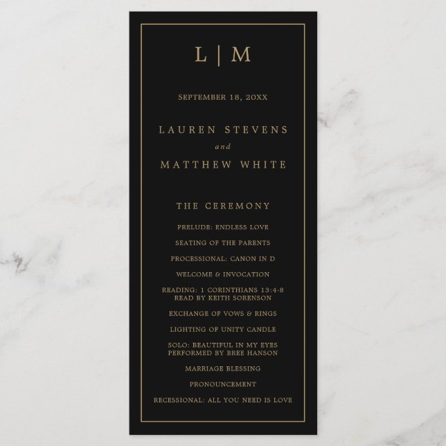 Simple Black and Gold Monogram Elegant Wedding Programme (Front)
