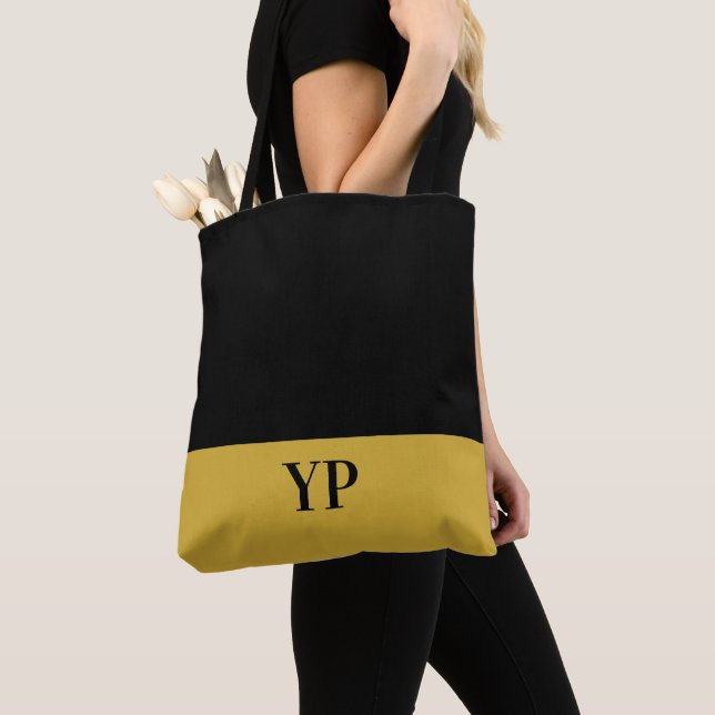 Simple Black and Gold Monogrammed Tote Bag (Close Up)