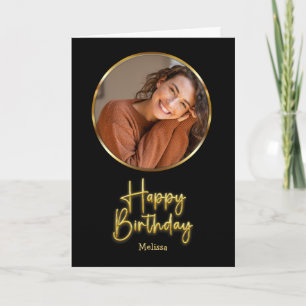 Simple Black and Gold Script Circle Photo Birthday Card