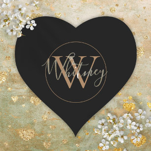 Simple Black and Gold Script Monogram Name Heart Sticker
