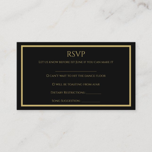 Simple Black and Gold wedding RSVP card (Front)