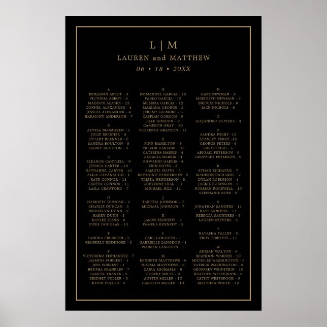 Simple Black and Gold Wedding Seating Chart (Front)