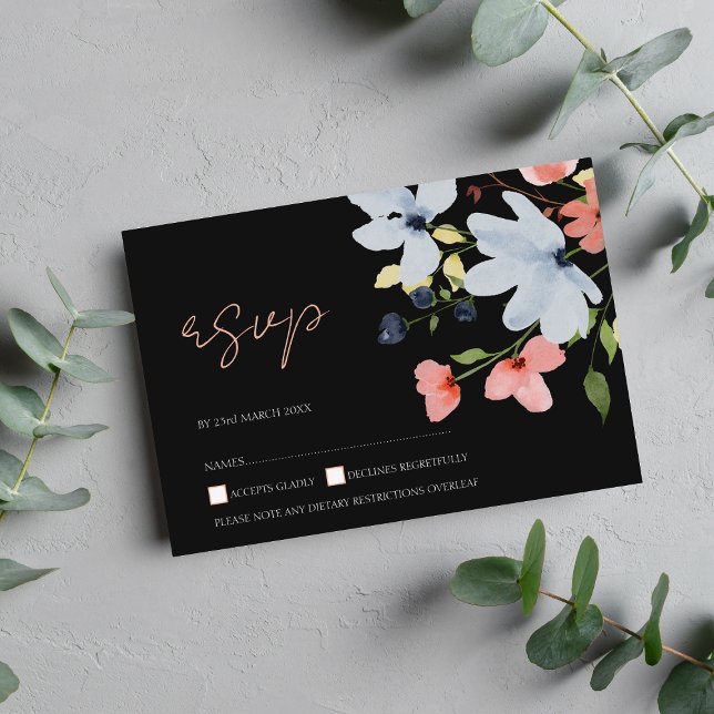Simple Black and Pink Floral Wedding RSVP Card (Creator Uploaded)