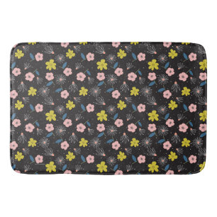 Simple Black and Pink Illustration Floral Pattern Bath Mat