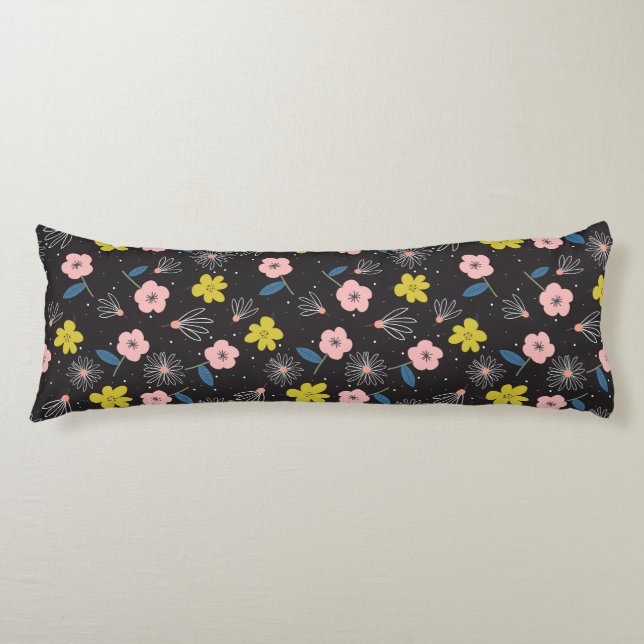 Simple Black and Pink Illustration Floral Pattern Body Cushion (Front)