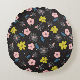Simple Black and Pink Illustration Floral Pattern Round Cushion