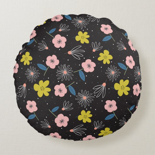 Simple Black and Pink Illustration Floral Pattern Round Cushion (Front)