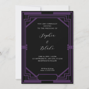 Simple Black and Purple Vintage Art Deco Wedding Invitation