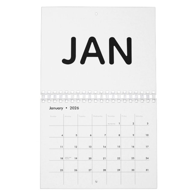 Simple Black and White 2026 Calendar (Jan 2026)