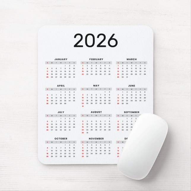 Simple black and White 2026 Calendar  Mouse Pad (With Mouse)