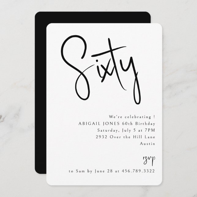 Simple Black and White 60th Birthday Party Invitation (Front/Back)