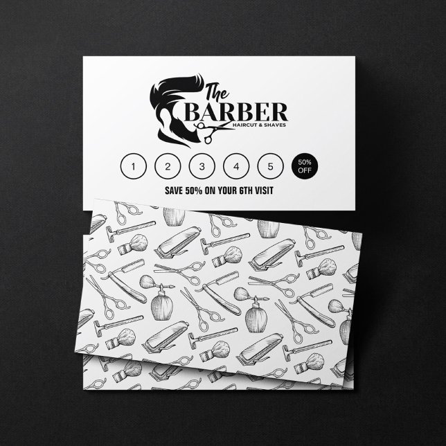 Simple Black and White Barber Stylist Shop Pattern Loyalty Card (Creator Uploaded)