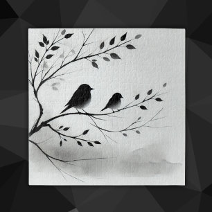 Simple Black and White Birds Perching in Trees    Jigsaw Puzzle