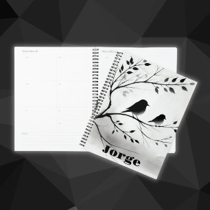 Simple Black and White Birds Perching in Trees    Planner