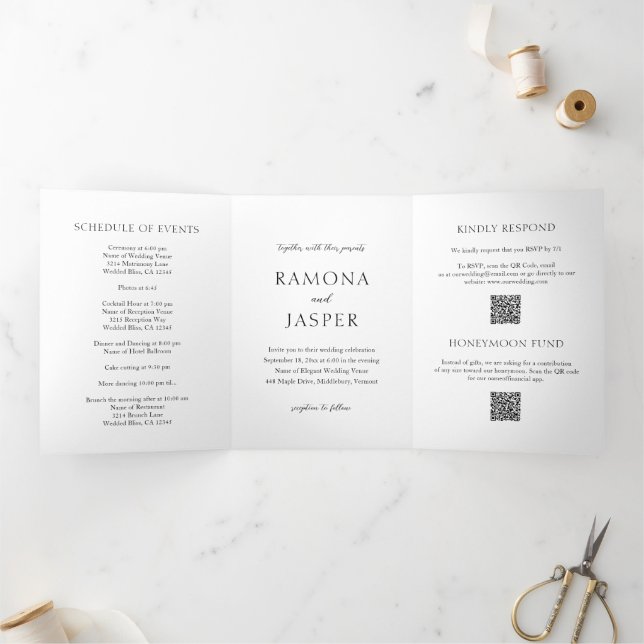 Simple Black and White Bold QR Code Modern Wedding Tri-Fold Invitation (Inside)