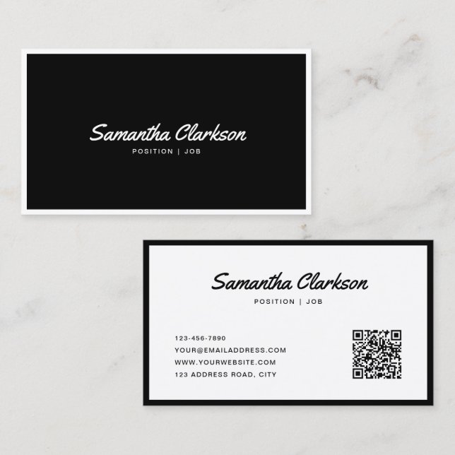 Simple Black and White Border Hand Script QR code Business Card (Front/Back)