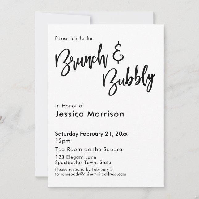 Simple Black and White Brunch & Bubbly Typography Invitation (Front)
