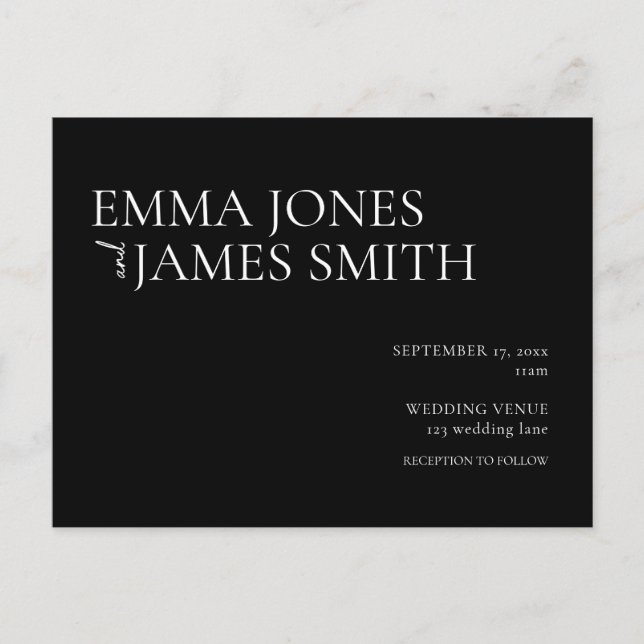Simple Black and White Budget Wedding Invitation Postcard (Front)