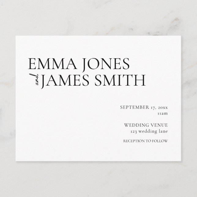 Simple Black and White Budget Wedding Invitation Postcard (Front)