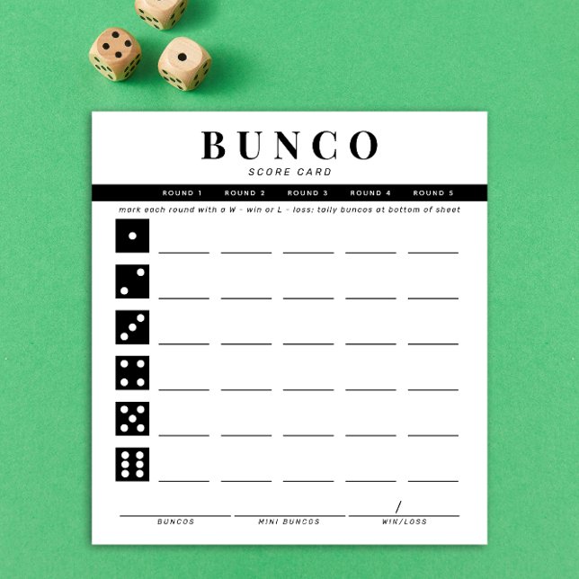 Simple Black and White Bunco Score Card Notepad (modern tear-off notepad Bunco score card with black dice graphics and accents)
