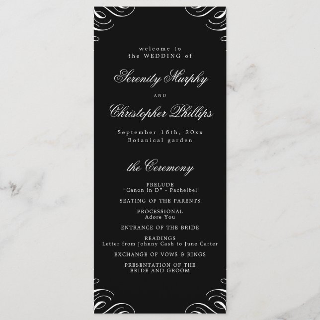 Simple black and white Calligraphy Wedding Program Menu (Front)