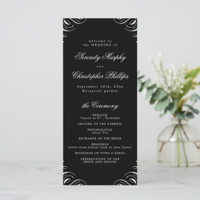 Simple black and white Calligraphy Wedding Program Menu (Standing Front)