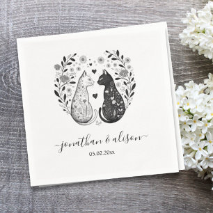 Simple Black and White Cats Floral Chic Wedding Napkin