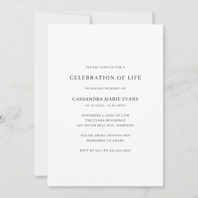 Simple Black and White Celebration of Life Invitation (Front)